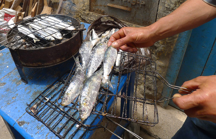 Grilling sardines in Essaouira